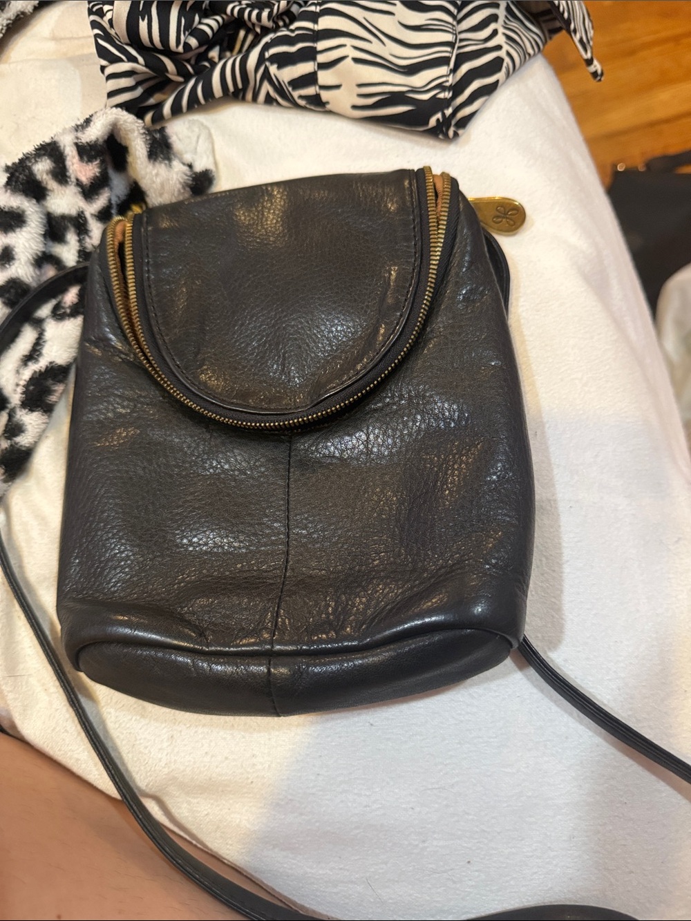 Black Leather Rounded Zip Crossbody Bag - hobo bag